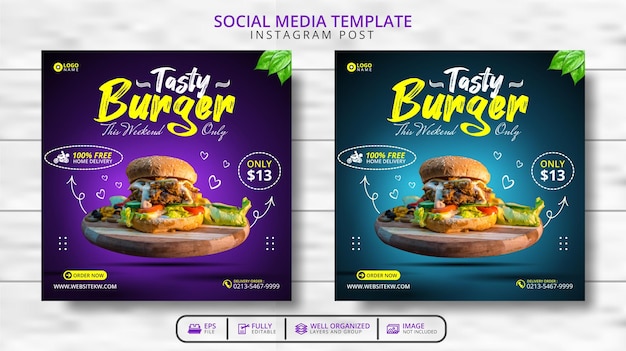 Vetor hambúrguer delicioso e menu de comida promoção de modelo de postagem nas redes sociais