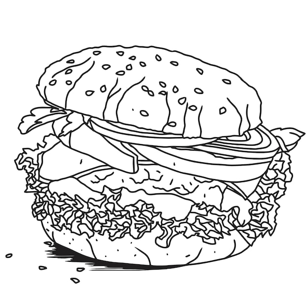 Hambúrguer desenhado à mão, burger de ilustração preto e branco