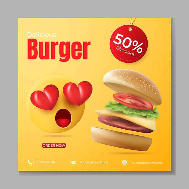 Hambúrguer ou fast-food mídia social postar modelo de ilustração vetorial com hambúrguer realista