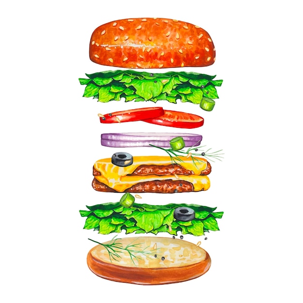 Vetor hambúrguer saboroso voador com ilustração de fastfood em aquarela de ingredientes