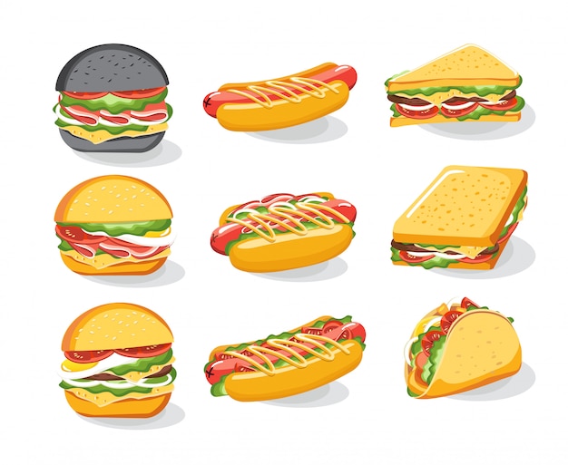 Hambúrguer sanduíche pão pão conjunto de ícones, menu de Fast-food. Hambúrguer, cheeseburguer, hambúrguer. ilustração