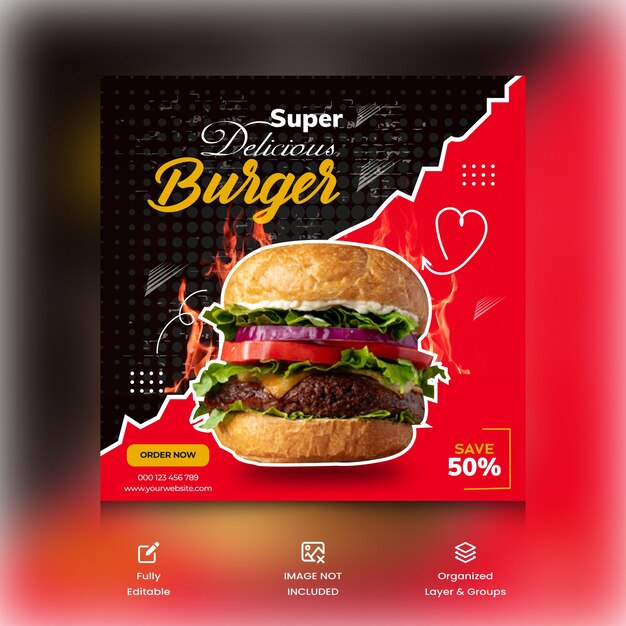 Hambúrguer super delicioso e menu de comida banner de mídia social e modelo de postagem no instagram