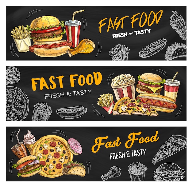 Hambúrgueres de pizza de menu de fast food e lanches de fastfood