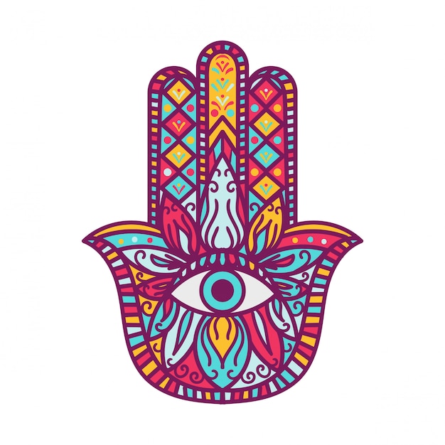 Hamsa, ilustração da mão de fátima. palma simétrica com desenhos de olhos. amuleto de proteção oriental