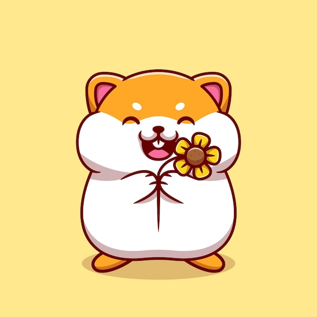 Hamster bonito segurando a ilustração dos desenhos animados da flor do sol.