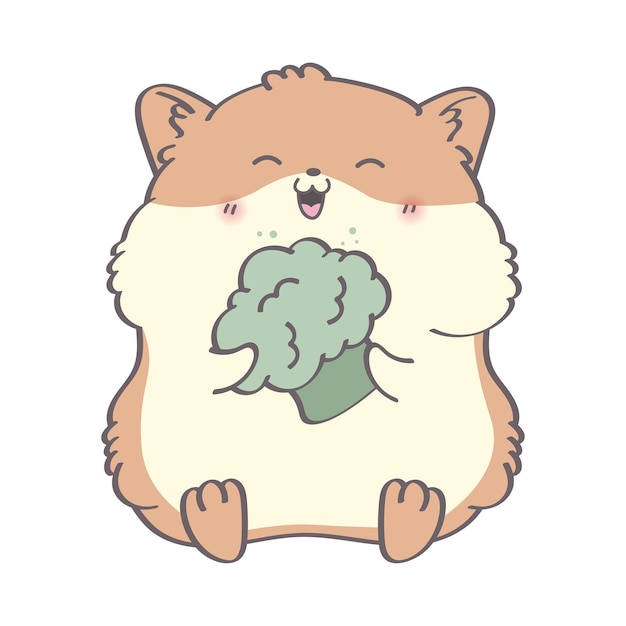 Vetor hamster de clipart bonito dos desenhos animados. ilustração de hamster. um hamster com um sorriso fofo come brócolis.