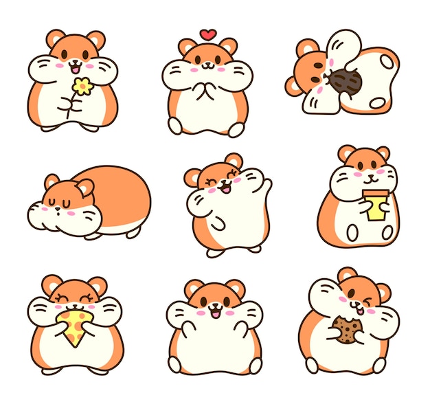 Vetor hamster kawaii bonito personagem de animais engraçados de desenho animado desenho vetorial de estilo desenhado à mão.