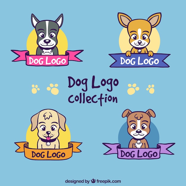 Hand-drawn, pacote, quatro, colorido, logotipos, cães