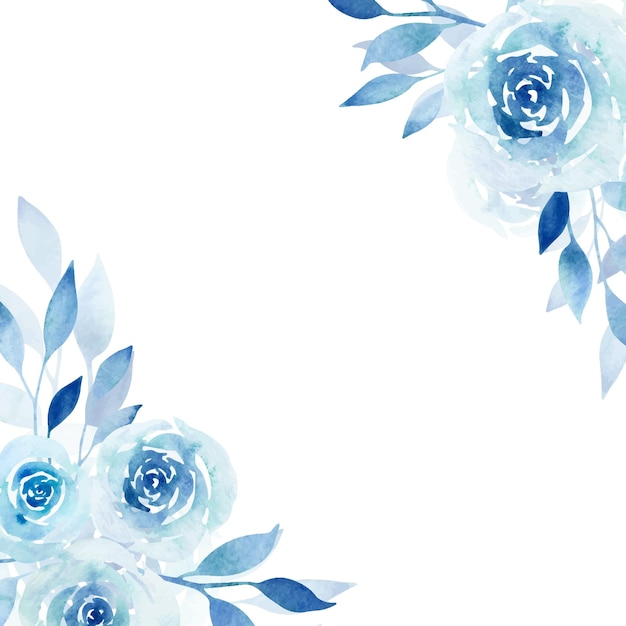 Vetor hand drawn watercolor coner frame of blue watercolor roses on a white background