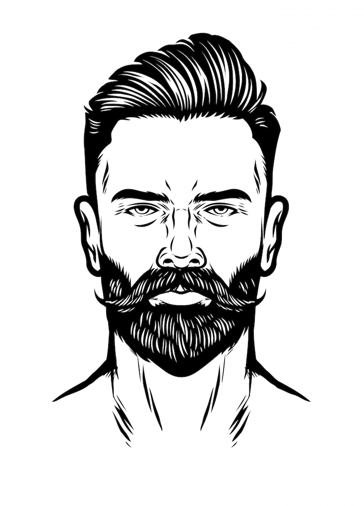 Vetor handdrawn cabeça de homem com barba e pompadour penteado