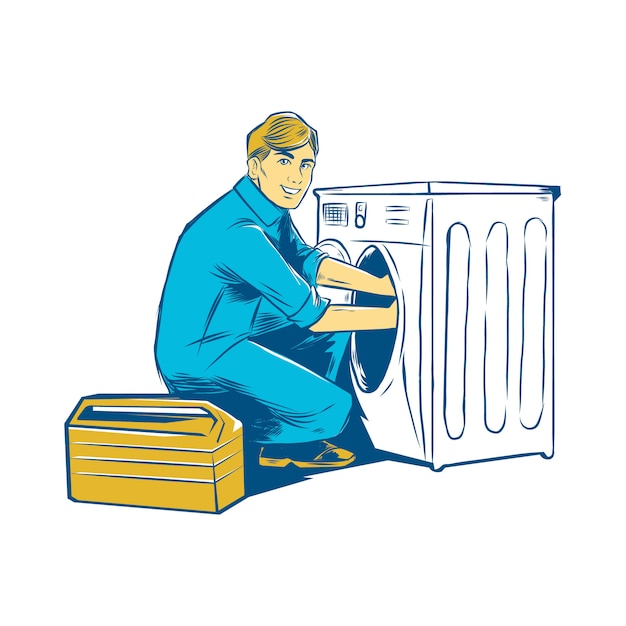 Handdrawn, homem, reparar, lavadora roupa