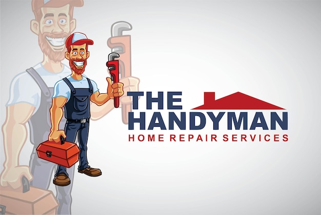 Handyman reparador logo hipster barbudo homem desenho de personagem de desenho animado vector