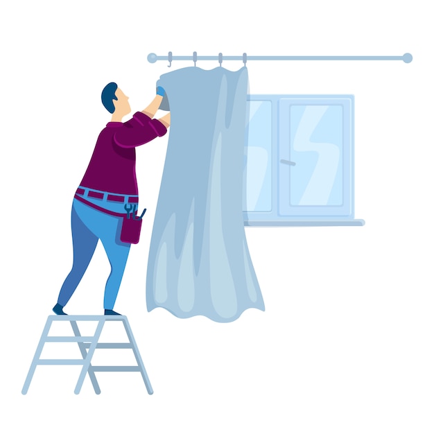 Handyperson personagem sem rosto de cor plana. Homem pendurado cortinas. Cara perto da janela com cortinas. Melhoria da casa. Decoração interior. Reparos em casa isolado ilustração dos desenhos animados