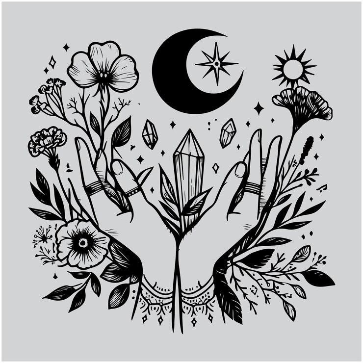 Vetor hans mágico segura cristal de lua e flores modelo de logotipo boho tatuagem feminina com simples botânica