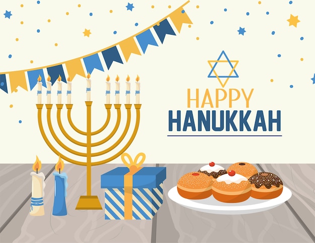 Hanukkah decoração com bandeiras de festa e velas