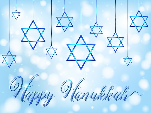 Hanukkah feliz com símbolo dos judeus no fundo azul