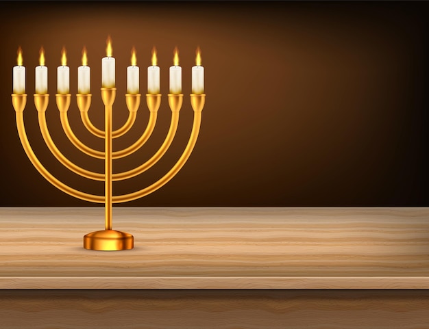 Vetor hanukkah feriado judaico menorah mesa de madeira ilustração vetorial menorah realista e velas acesas eps 10