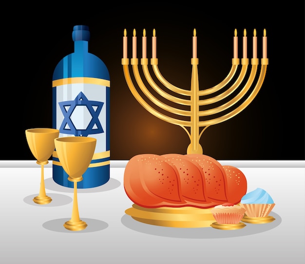 Vetor hanukkah, tradicional judaica jantar pão, cupcakes de vinho e decoração de menorah ilustração plana