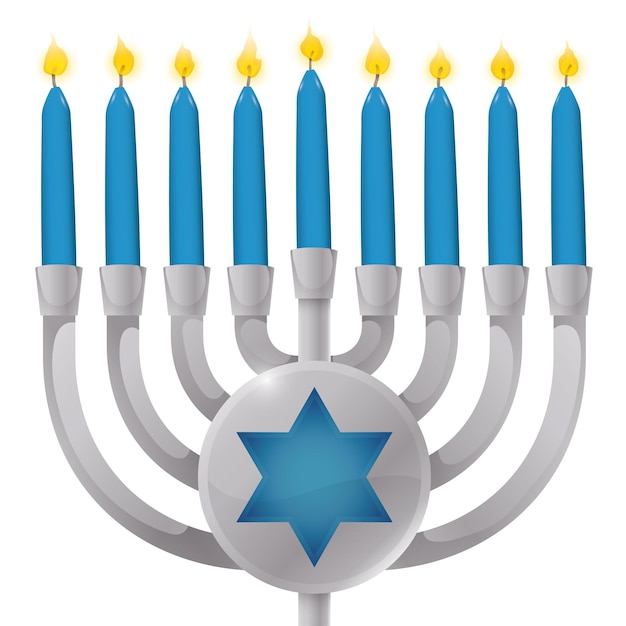 Vetor hanukkiah prateado com velas acesas azuis e botão com estrela de david sobre fundo branco