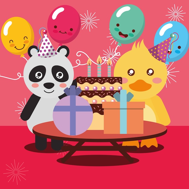 Vetor happy birthday party card animais fofos panda e pato