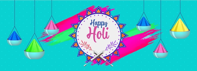 Happy holi lettering mandala frame com penduramento de tigelas de cores secas contra pincel de fundo festival indiano de celebração de cores cabeçalho ou design de bandeira
