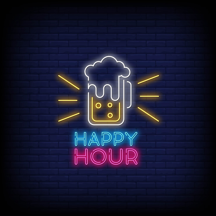 Vetor happy hour néon assina estilo de texto