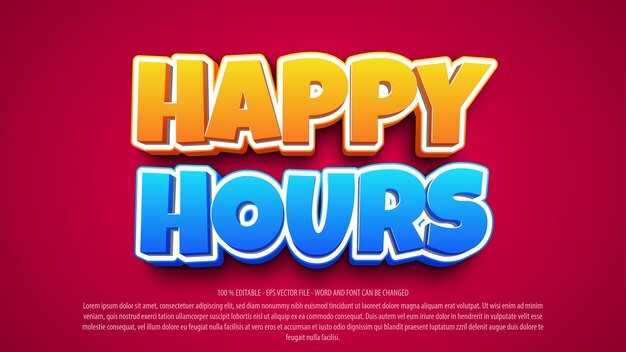 Happy hours efeito de texto editável em estilo de desenho animado 3d