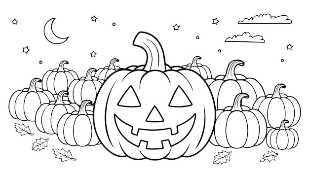 Happy JackoLantern em Pumpkin Patch Line Art Vector