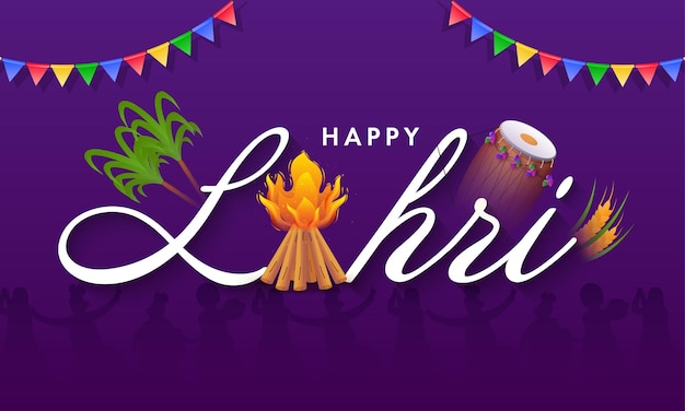 Happy lohri lettering com fogueira dhol tambor instrumento trigo orelha cana-de-açúcar e bandeirola bandeiras em roxo silhueta pessoas fundo