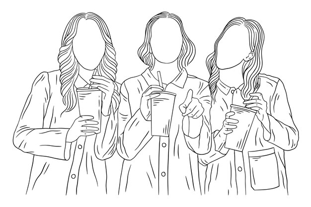 Happy women group girl best friend love line art ilustração de estilo desenhado à mão