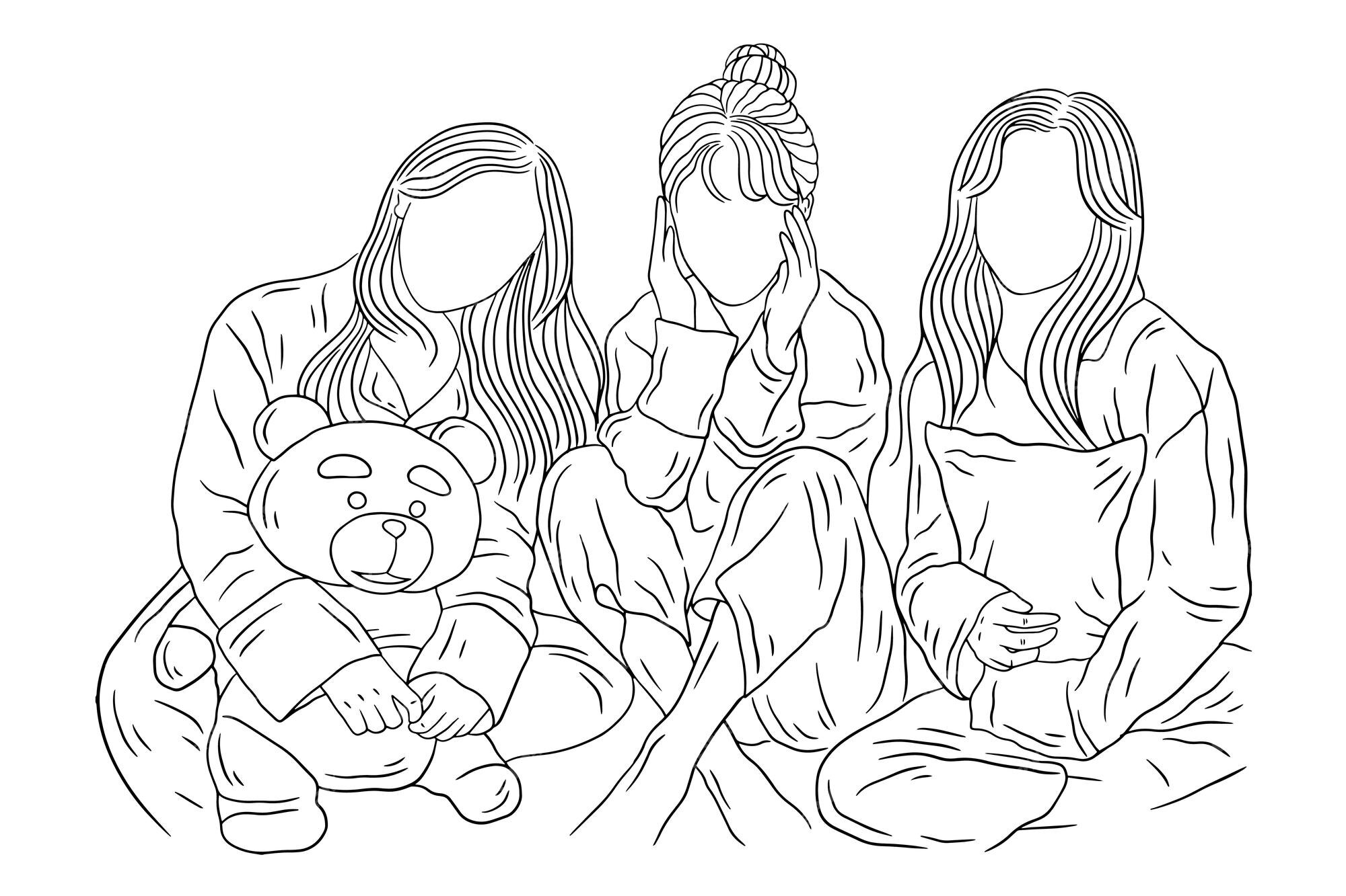 Happy women group girl best friend love line art ilustração de estilo  desenhado à mão