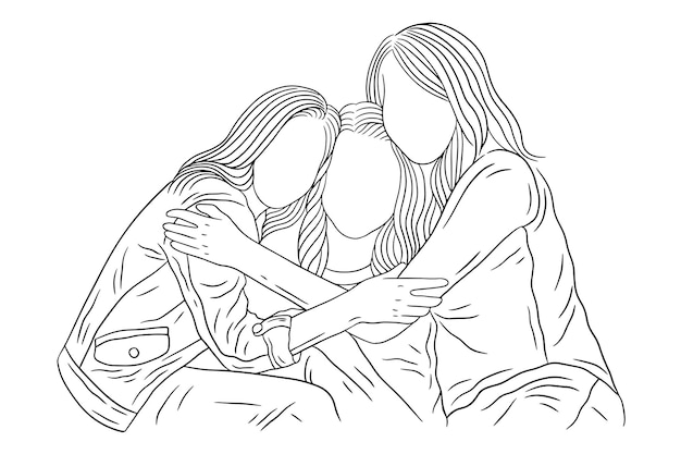 Happy Women group Girl Best Friend love line art ilustração de estilo desenhado à mão