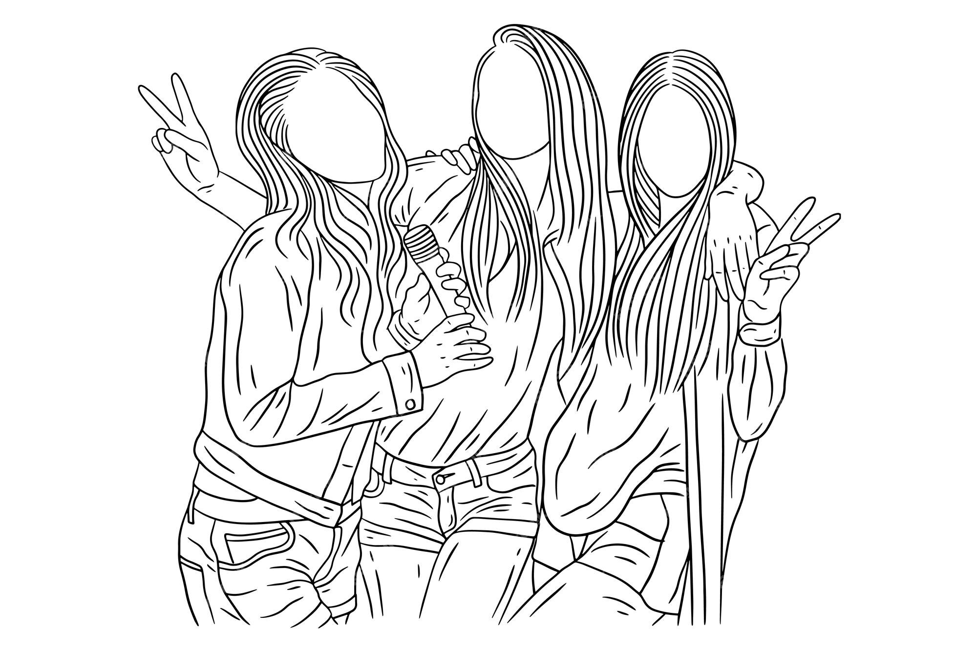 Happy women group girl best friend love line art ilustração de estilo  desenhado à mão