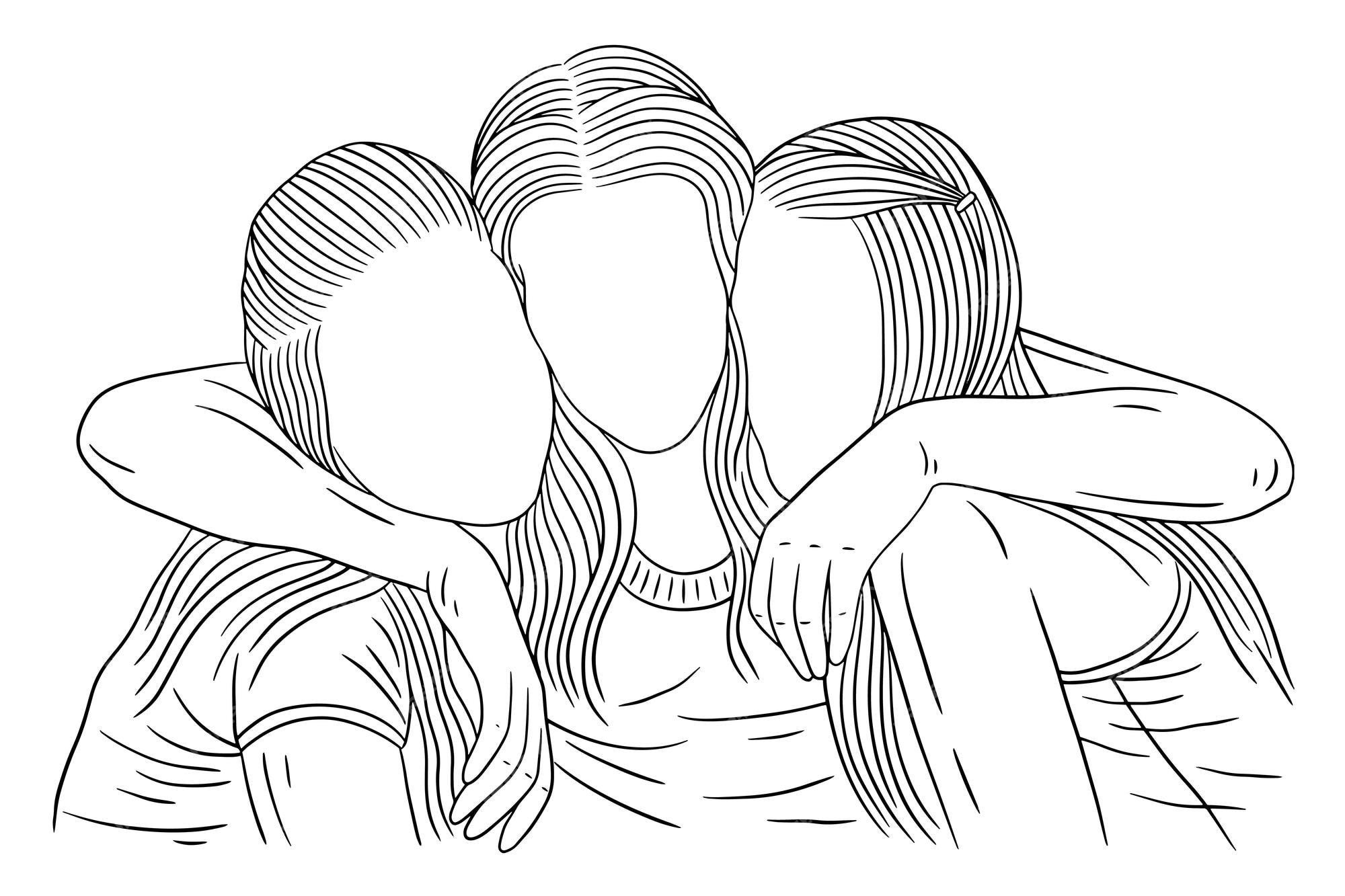 Happy women group girl best friend love line art ilustração de estilo  desenhado à mão