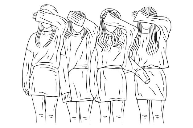 Happy women group girl best friend love line art ilustração de estilo desenhado à mão