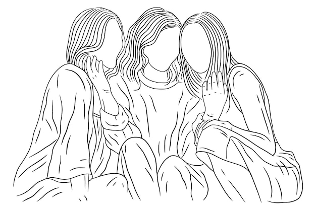 Happy women group girl best friend love line art ilustração de estilo desenhado à mão