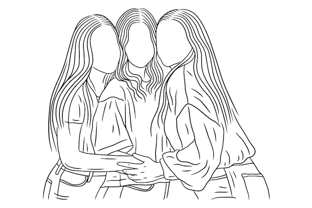 Happy women group girl best friend love line art ilustração de estilo desenhado à mão