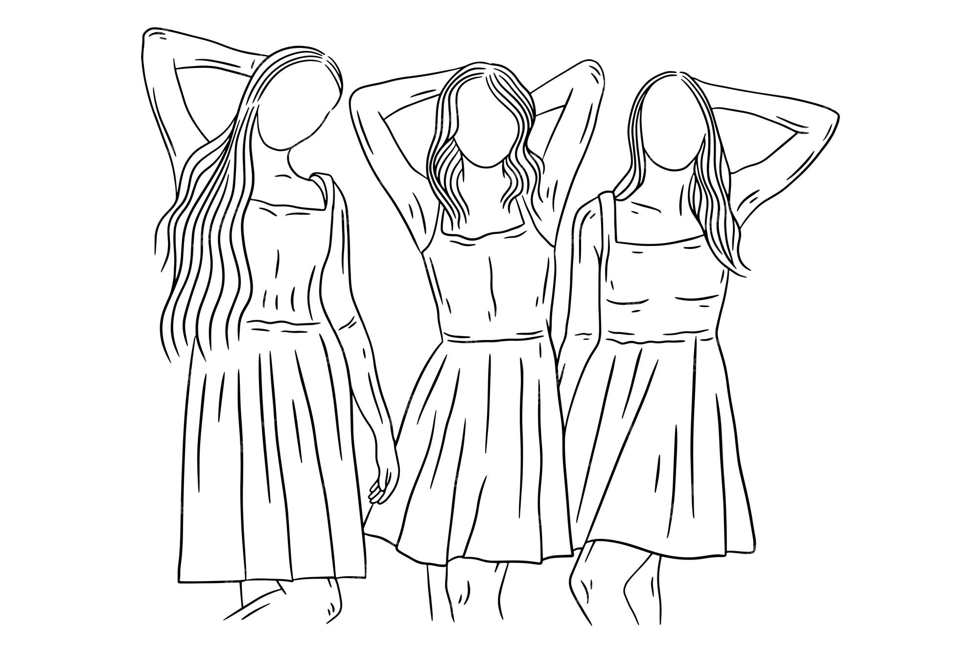 Happy women group girl best friend love line art ilustração de estilo  desenhado à mão