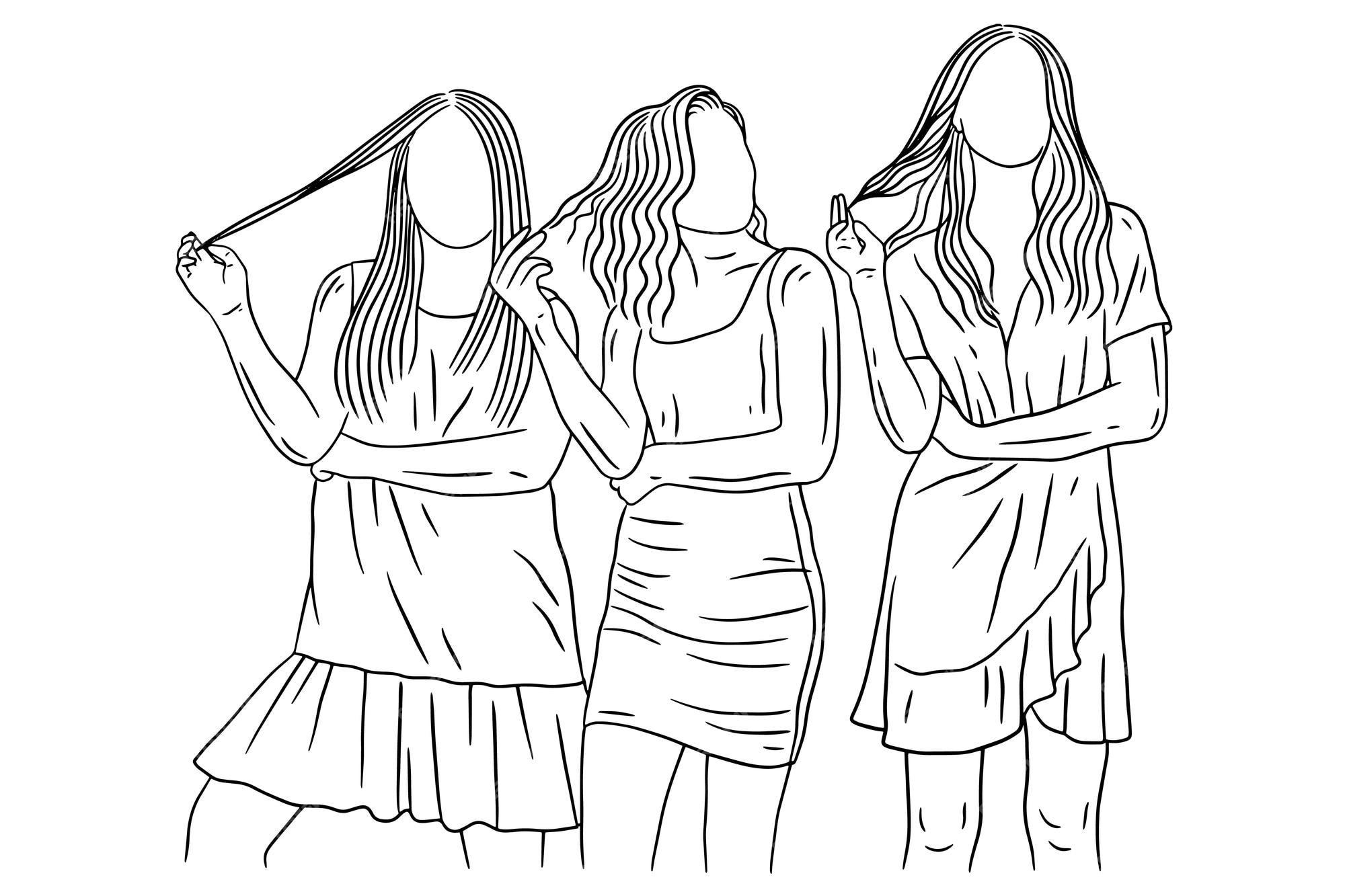 Happy women group girl best friend love line art ilustração de estilo  desenhado à mão