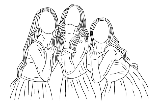 Happy women group girl best friend love line art ilustração de estilo desenhado à mão