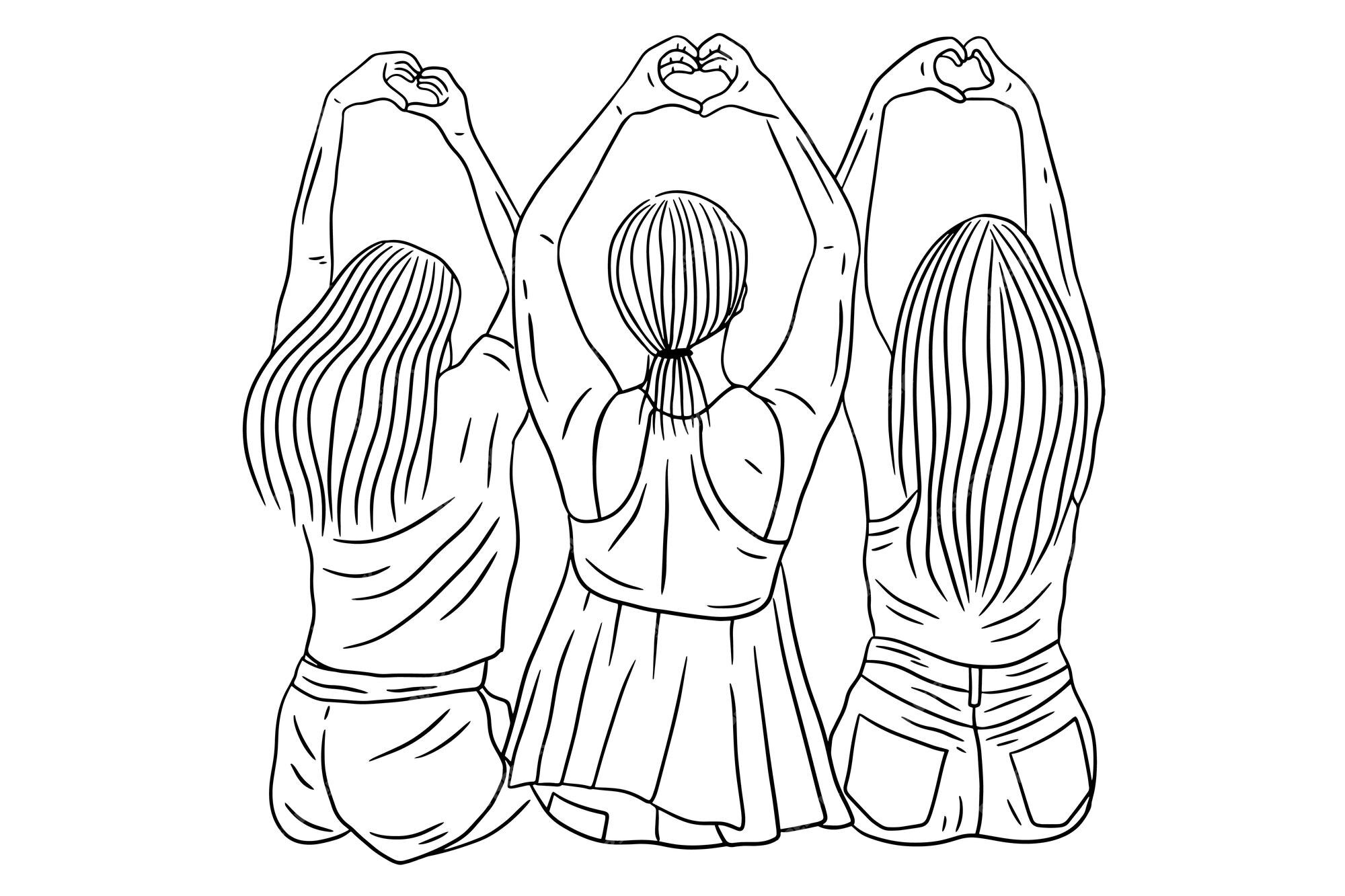 Happy women group girl best friend love line art ilustração de estilo  desenhado à mão