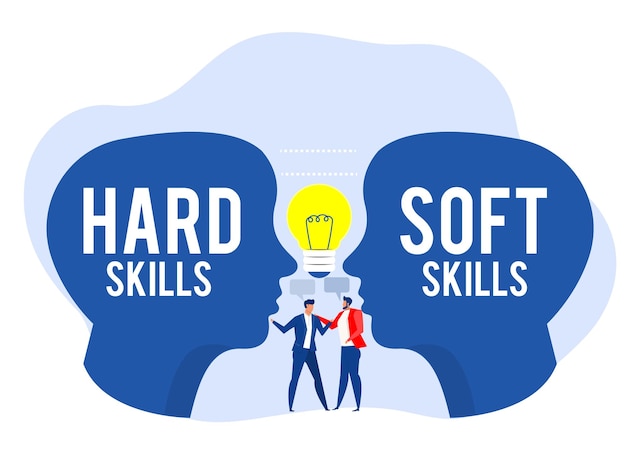 Hard vs soft skills concept, cabeça humana com empresários empatia dos trabalhadores de escritório