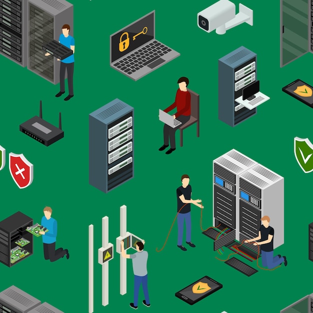 Hardware do servidor Padrão sem costura Fonte de fundo Visão isométrica Ilustração vetorial do computador de rede de tecnologia de ícone