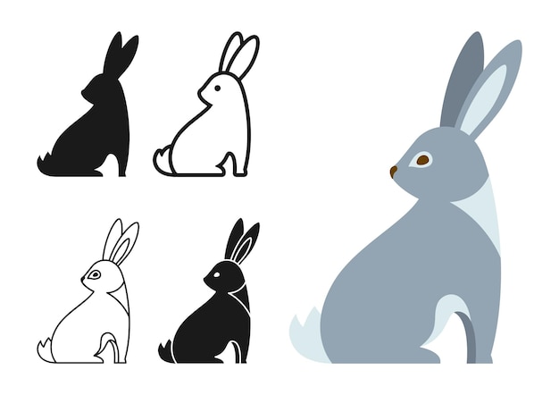 Vetor hare bunny estilo de desenho animado animal selvagem conjunto símbolo linha doodle ícone silhueta ilustração vetorial
