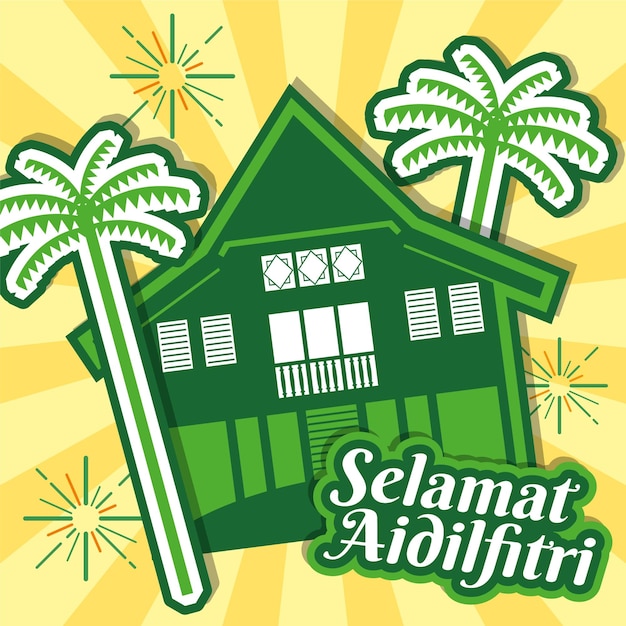 Hari raya aidilfitri ilustração vetorial com casa de aldeia malaia tradicional ou kampung