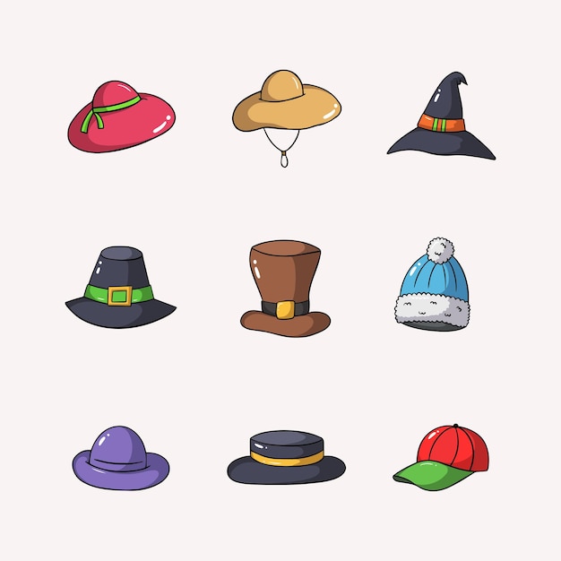 Hat Cartoon Icons Collection Estilo desenhado à mão com contorno ilustração isolada