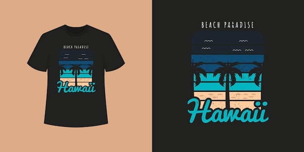 Havaí oceano praia t shirt estilo e design de roupas da moda com silhuetas de árvores, tipografia, impressão, ilustração vetorial.