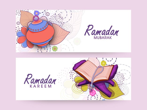 Vetor header do site e banner conjunto com lanterna árabe colorida e livro religioso islâmico alcorão shareef para o mês sagrado de orações ramadan kareem celebrações