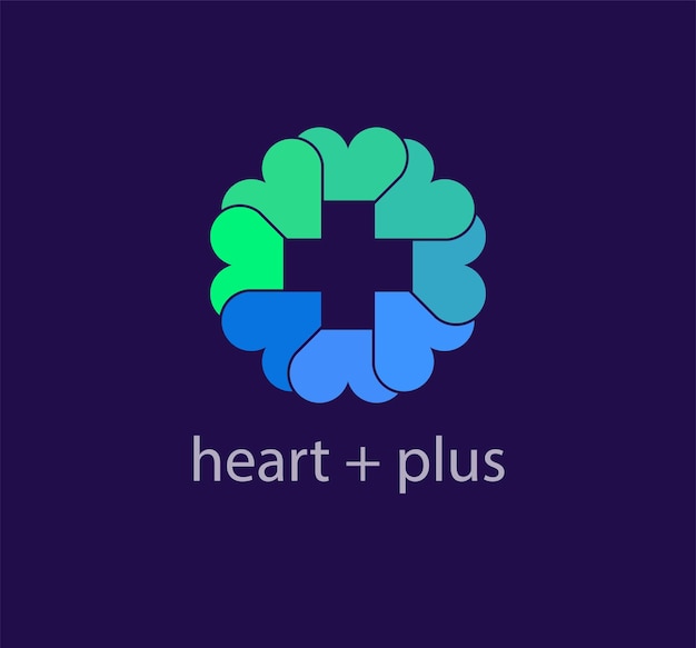 Health plus e logotipo da família heart entrelaçado. transições de cores exclusivas. saúde corporativa