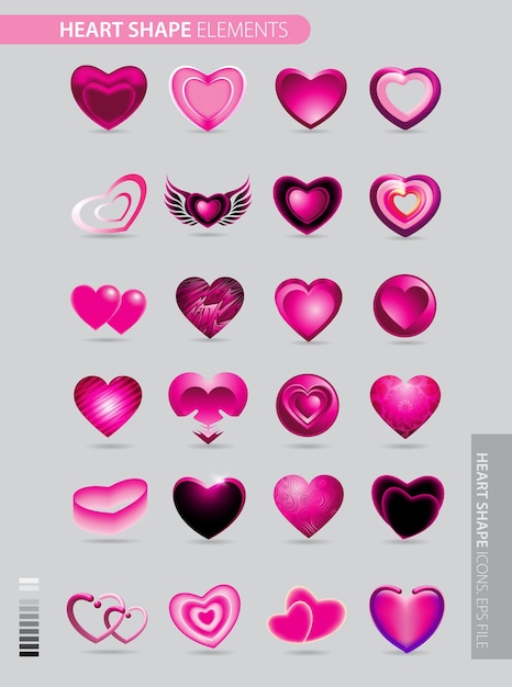 Heart Color Set Icons ilustrações vetoriais Conjunto de corações em diferentes cores e tipos